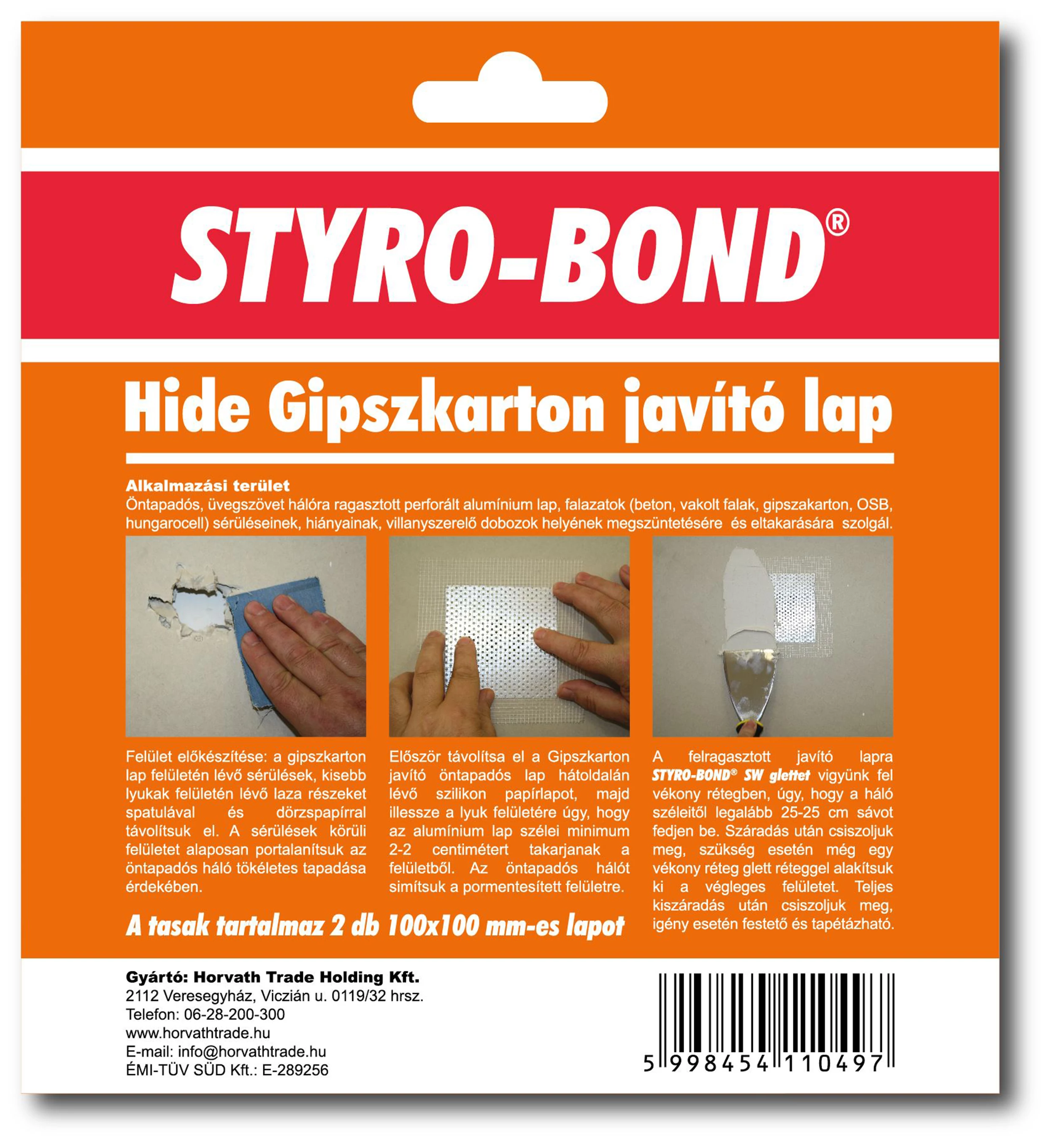 STYRO-BOND GIPSZKARTONJAV LAP 10X10 CM 2 DB/TASAK